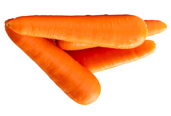 Side view of four fresh orange carrot roots in stack isolated on white background with clipping path