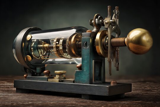 A detailed closeup of an antique scientific instrument with a glass cylinder showcasing intricate gears and clockwork mechanism on a wooden surface.