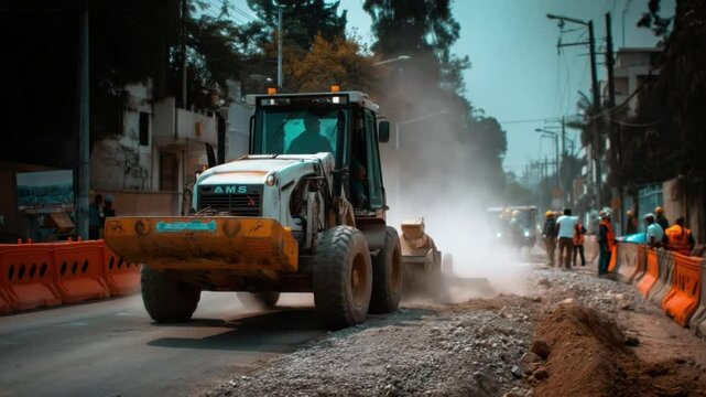 Construction Zone: A white grader moving along a street under construction, kicking up dust and dirt, with an orange traffic barrier blocking the traffic.