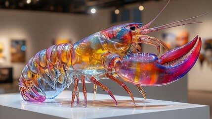 Handblown glass lobster glowing in gallery light high resolution images