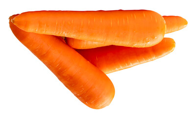 Top view of four fresh orange carrot roots in stack isolated with clipping path in png file format