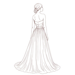 Woman in wedding dress, back view, line art, romantic style, for invitations