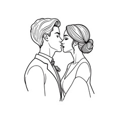 Couple sharing a kiss, line art illustration, monochrome, for wedding invitations