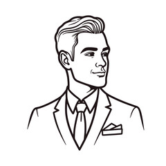 Man in suit, line art illustration, black and white, for profile picture
