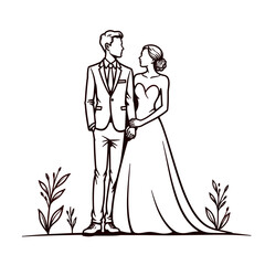 Couple in wedding attire, line art illustration, monochrome palette, for invitations