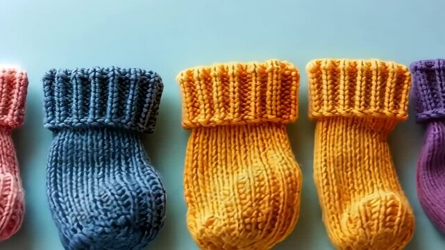 Colorful knitted socks align in sequence on white background