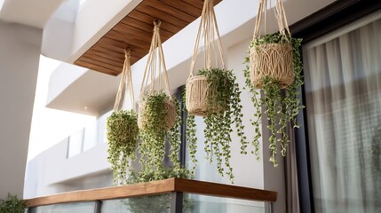 Hanging macrame planters filled with trailing plants add bohemian charm to balcony