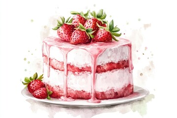 A delicate watercolor painting of a strawberry cake with dripping pink glaze.