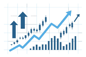 The  market is represented in an abstract financial graph with an uptrend line and arrows, all on a blue background