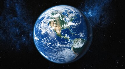 Obraz premium Digital illustration of Earth globe in space, with continents and clouds visible. Shows geographical features and climate patterns.