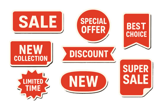 The set includes an assortment of shopping stickers and badges for use on merchandise and to promote special offers, new collections, and discounts