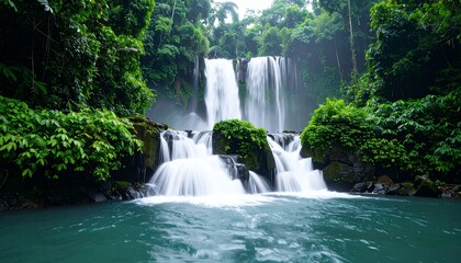 Naklejka premium Ultra-sharp photo of a majestic waterfall flowing through a lush rainforest, soft lighting and perfect shutter speed, visually powerful and serene