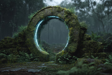 Ancient mossy stone ring with glowing blue portal in forest ruins
