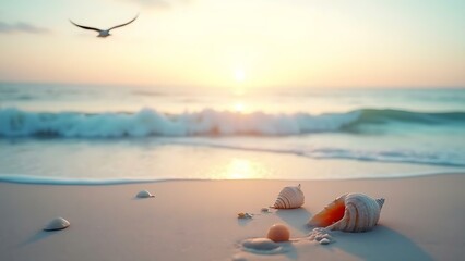 Obraz premium Serene Sunrise Beach Scene with Seagull and Soft Ocean Waves