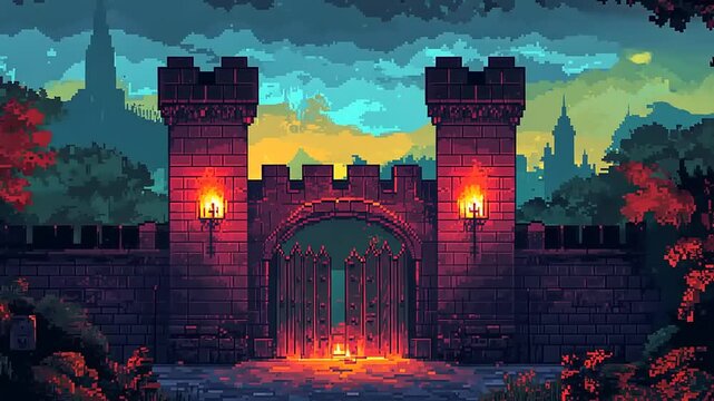 A vibrant pixel art castle gate at dusk, surrounded by trees and a colorful sky, evoking adventure
