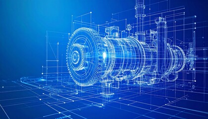 Gears engineering mechanics industry concept. Blueprint of a mechanical turbine in a blue background.