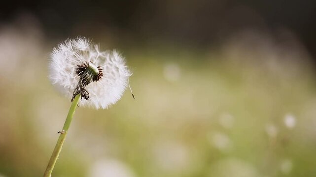 Blow ball dandelion seeds in the wind, summer meadow, nature background. Hay fever, allergy concept.