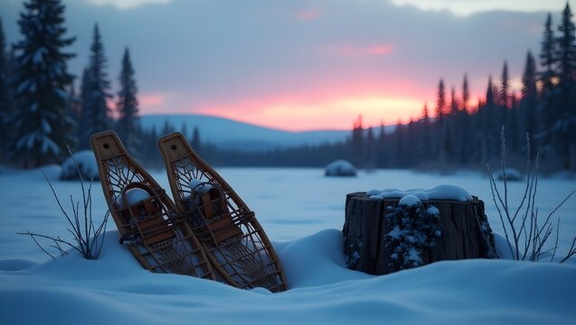 Snowshoes and a tree stump covered in snow at sunset in a winter landscape with pine trees