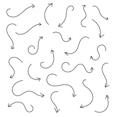 Hand-drawn arrows wavy and curved pointer elements with swirls