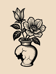 Cracked flower vase with blooming flower engraving style

