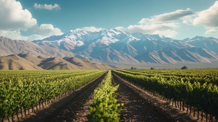 Fototapeta premium Vineyard landscape with a mountain range in the background.
