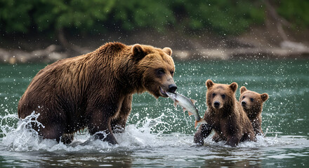 Grizzly Bear Family Fishing Salmon in a River