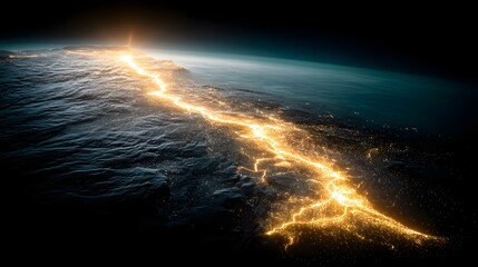 between floating data clouds shaped like abstract constellations