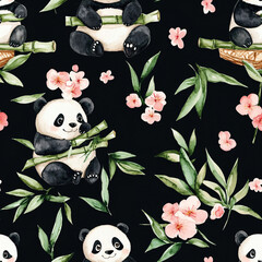 Hand-Drawn Watercolor Cartoon Panda Seamless Pattern on Black Background
