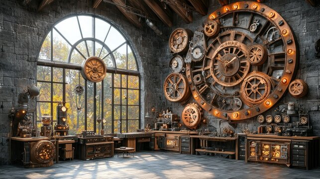Industrial steampunk workshop with large circular clock mechanism
