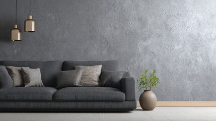 Modern living room with stylish decor and neutral tones featuring a gray sofa and decorative vase