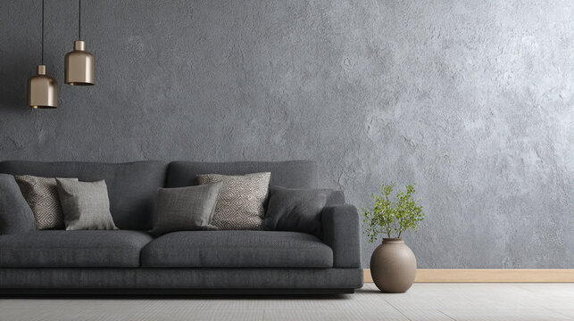Modern living room with stylish decor and neutral tones featuring a gray sofa and decorative vase