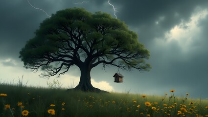 A large tree with a birdhouse under a stormy sky with lightning and a field of yellow flowers