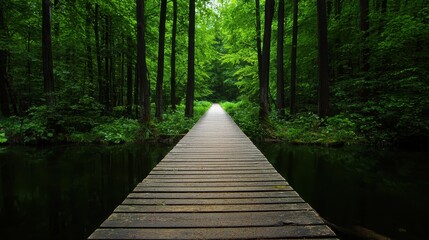 Obraz premium Serene Pathway Through Lush Green Forest with Reflections