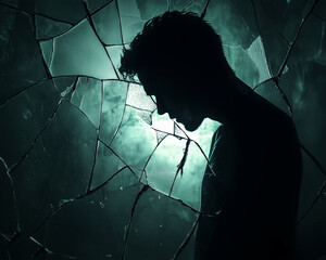 Dark silhouette of a person with cracked mirror reflections and tense lighting

