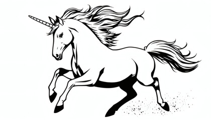 Unicorn in Mid-Gallop with Flowing Mane, Bold Black Silhouette on Clean White Background