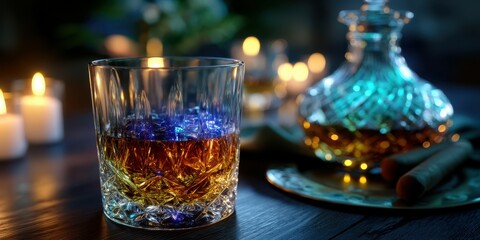 Elegant glass of whiskey sits on a wooden table adorned with candles and a decanter in a dimly lit setting