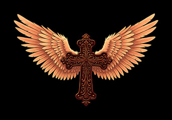 Fototapeta premium Ornate stylized cross with elaborate wings on dark background, rich in detailed graphic patterns