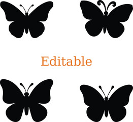 minimalist butterfly silhouettes. symmetrical butterfly vector design. black butterflies with orange text.