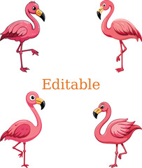 cartoon flamingos illustration in playful poses. vibrant flamingo design with customizable text. fun and whimsical flamingo digital art with editable font.