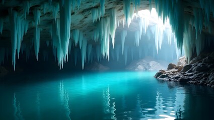 Turquoise water cave with stalactites and light streaming in from an opening above the water surface