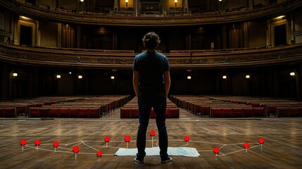 Person Standing in Empty Theater with Red Markers on Floor