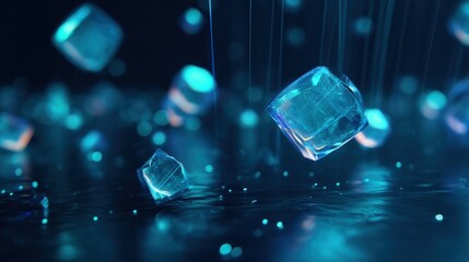 Obraz premium Ice Cubes Falling in a Blue-Lit Environment