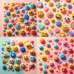 Colorful emoji-shaped decorations in playful arrangement  