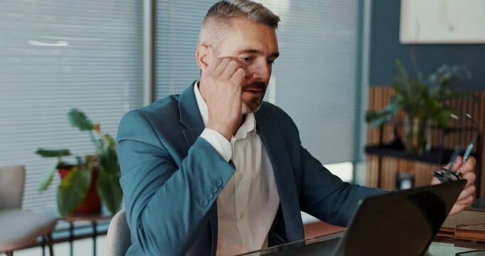 Stress, laptop and business man in office with tension for problem, financial crisis and debt review. Company, corporate and mature person with pressure, frustrated and worry for mistake or deadline