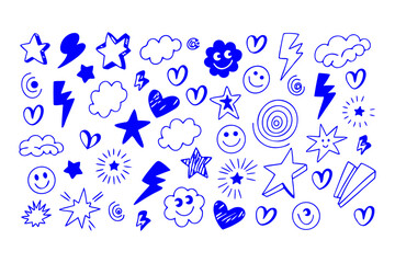 Hand drawn doodle icon set with stars, hearts, smiley faces, clouds, suns, spirals, lightning bolts, and flowers in a playful sketch style on a white background.