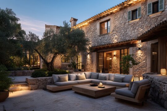 exterior design of an old stone house in mallorca, traditional mediterranean style with modern furniture and lighting, garden terrace