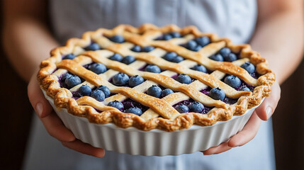 Hands hold blueberry pie, home baking