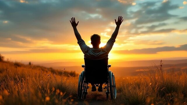Person in wheelchair celebrating freedom against sunset background  