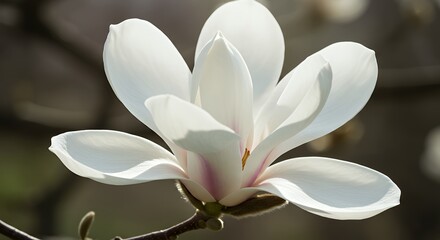Fototapeta premium Blooming Magnolia Flower with White Petals in Natural Light