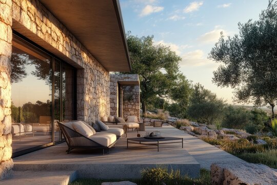 exterior design of an old stone house in mallorca, traditional mediterranean style with modern furniture and lighting, garden terrace